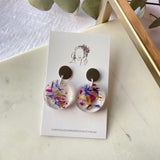 Small round flower confetti resin dangle with silver stud