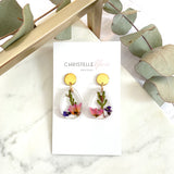 Small tear drop resin dangle, flower garden, gold top