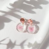 Small round resin dangle pink Queen Anne’s Lace, rose gold top