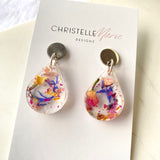 Small tear drop resin dangle, flower confetti, silver top