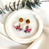 Small round flower garden resin dangle with gold stud