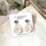 Small tear drop resin dangle, beige hydrangea flowers, silver top