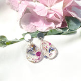 Small tear drop resin dangle, flower confetti, silver top