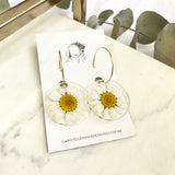 White daisy Medium round resin dangle with gold hoops