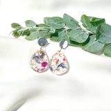 Small tear drop resin dangle, flower confetti, silver top