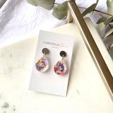 Small tear drop resin dangle, flower confetti, silver top