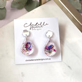 Small tear drop resin dangle, flower confetti, silver top