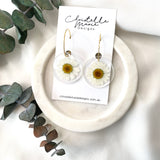 White daisy Medium round resin dangle with gold hoops