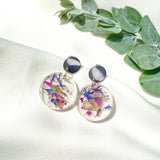 Small round flower confetti resin dangle with silver stud