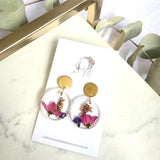 Small round flower garden resin dangle with gold stud