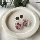 Small tear drop resin dangle, flower confetti, silver top