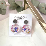 Small round flower confetti resin dangle with silver stud