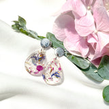 Small tear drop resin dangle, flower confetti, silver top
