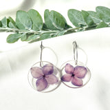 Purple hydrangea Medium round resin dangle with silver hoops