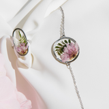 Silver bracelet with pink chrysanthemum flower