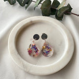 Small tear drop resin dangle, flower confetti, silver top