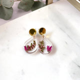 Small tear drop resin dangle, flower garden, gold top