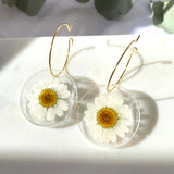 White daisy Medium round resin dangle with gold hoops