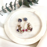 Small tear drop resin dangle, flower garden, silver top