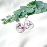 Small tear drop resin dangle, flower confetti, silver top