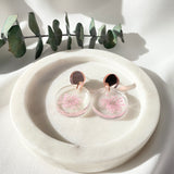 Small round resin dangle pink Queen Anne’s Lace, rose gold top
