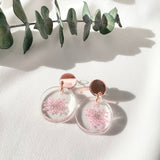 Small round resin dangle pink Queen Anne’s Lace, rose gold top