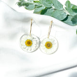 White daisy Medium round resin dangle with gold hoops