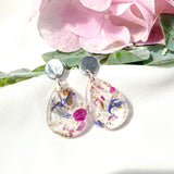 Small tear drop resin dangle, flower confetti, silver top