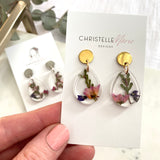 Small tear drop resin dangle, flower garden, gold top