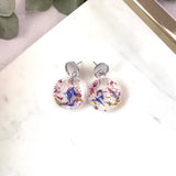 Small round flower confetti resin dangle with silver stud