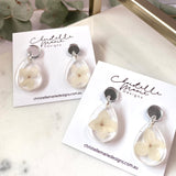 Small tear drop resin dangle, beige hydrangea flowers, silver top