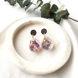 Small tear drop resin dangle, flower confetti, silver top
