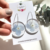 Blue hydrangea Medium round resin dangle with silver hoops