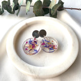 Small round flower confetti resin dangle with silver stud