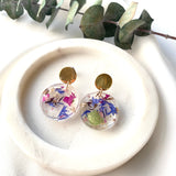 Small round flower confetti resin dangle with gold stud