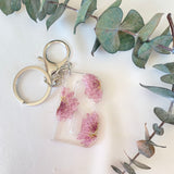 Pink Chrysanthemum initial flower confetti key ring