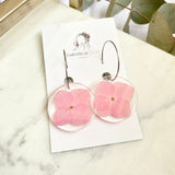 Pink hydrangea Medium round resin dangle with silver hoops