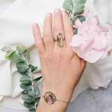 Silver oblong adjustable size ring with pink chrysanthemum flower