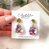 Small tear drop resin dangle, flower confetti, gold top