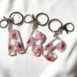 Pink Chrysanthemum initial flower confetti key ring