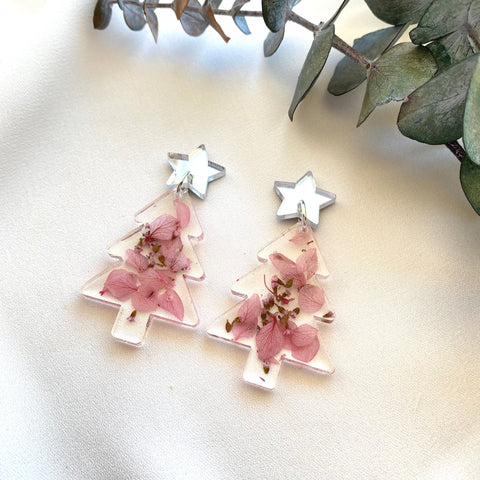 Pink hydrangea Christmas tree dangles with gold mirror acrylic star top