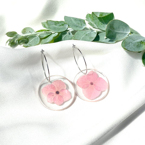 Pink hydrangea Medium round resin dangle with silver hoops