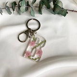 Pink Queen Anne’s Lace initial flower confetti key ring