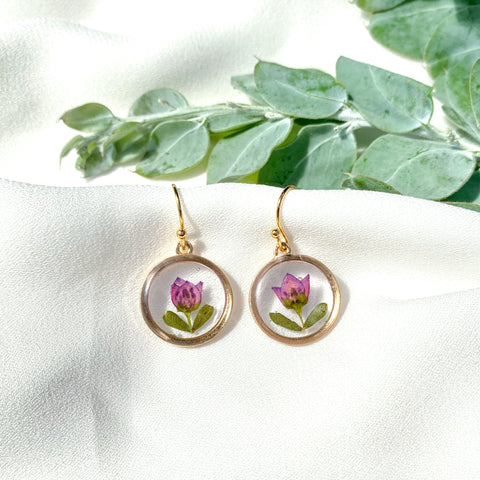 Round gold charm hook earrings with pink boronia flowers