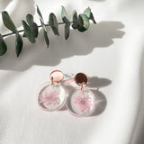 Small round resin dangle pink Queen Anne’s Lace, rose gold top