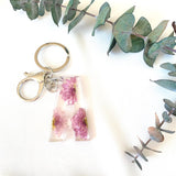 Pink Chrysanthemum initial flower confetti key ring