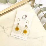 White daisy Medium round resin dangle with gold hoops
