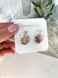 Oval flower confetti dangles with gold pearl studs top