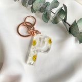 White daisy initial flower confetti key ring