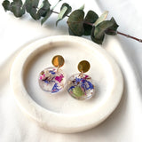 Small round flower confetti resin dangle with gold stud
